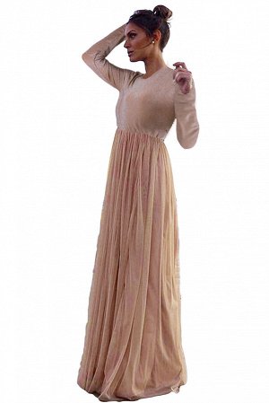 Розовое приталенное платье с блестящим верхом и пышной присборенной юбкой в пол