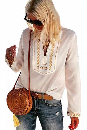 Белая блузка с воротником-стойкой и золотистой вышивкой с стиле бохо