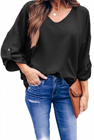 Черная свободная блуза с V-образным вырезом и хлястиками на рукавах