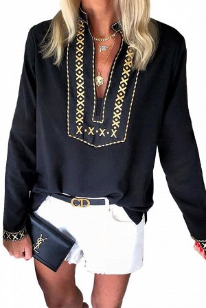 Черная блузка с воротником-стойкой и золотистой вышивкой с стиле бохо