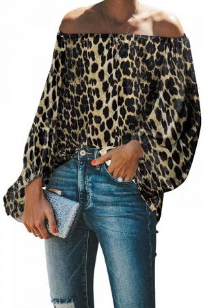 Коричнево-леопардовая блузка с пышными рукавами и резинкой на плечах