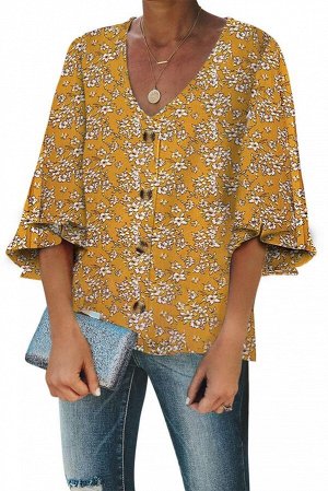 Горчичная свободная блуза с широкими рукавами и цветочным принтом