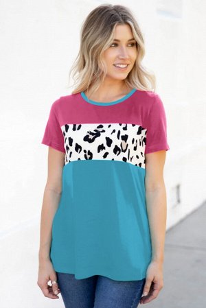 Розово-голубая футболка блочной расцветки с леопардовой полосой