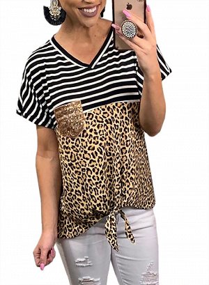 Свободная блуза с комбинацией леопардового и черно-белого полосатого узоров