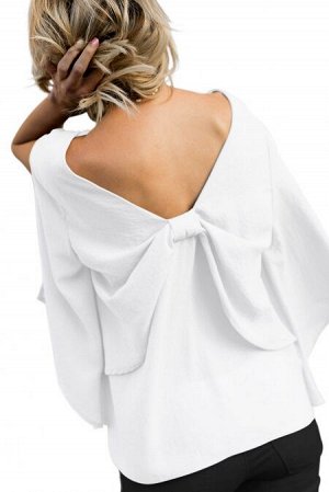Белая блуза с расклешенными рукавами 3/4 и большим бантом на спине