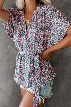 Разноцветная блуза на запах с поясом и цветочным принтом