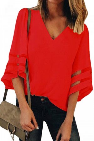 Красная свободная блуза с прозрачными вставками на рукавах "летучая мышь"