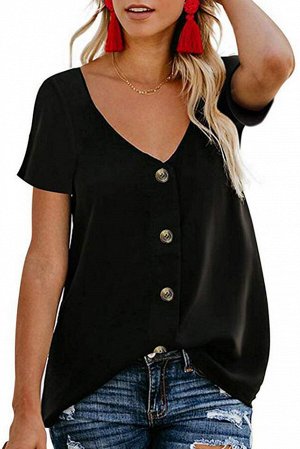 Черная блузка с короткими рукавами и застежкой на пуговицы