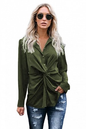 Зеленая блуза-рубашка на пуговицах и с узлом на талии