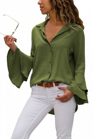Защитно-зеленая блуза-рубашка с двойными воланами на рукавах