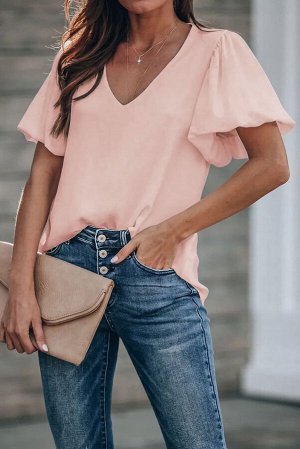 Розовая свободная блузка с V-образным вырезом и рукавами-фонариками