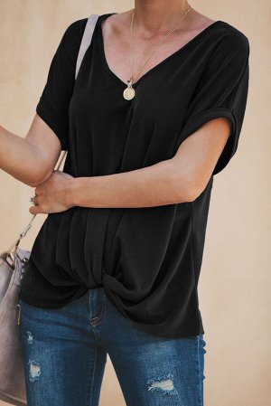 Черная свободная блуза с короткими рукавами и узлом снизу