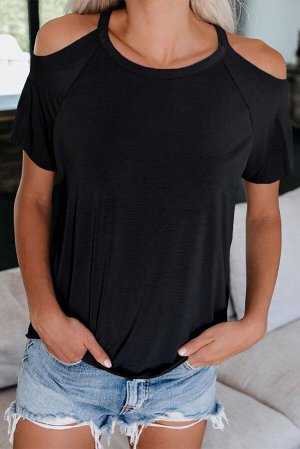 Черная футболка с рукавами реглан и вырезами на плечах