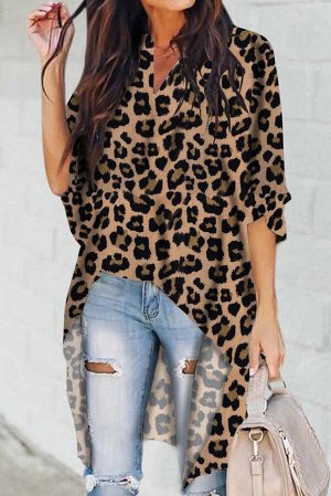 Леопардово-коричневая блуза-туника с V-образным вырезом и асимметричным низом
