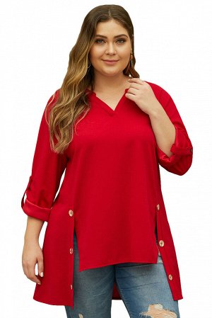 Красная блуза-туника с хлястиками на рукавах и удлинением сзади