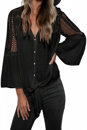 Черная блуза с сетчато-кружевной отделкой и узлом на талии