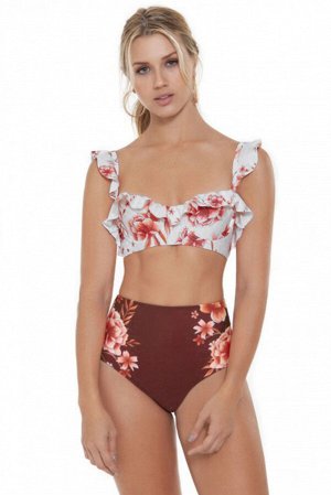 Бордово-белый в цветы купальник бикини с высокой талией и рюшами на лифе