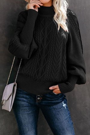 Черный свитер с объемными рукавами реглан и рельефным вязаным узором