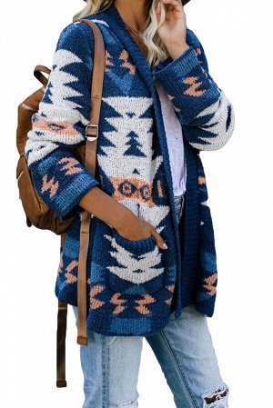 Синий кардиган с геометричным индейским орнаментом и карманами