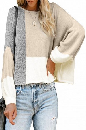 Бежево-серый свободный свитер блочной расцветки с широким вырезом