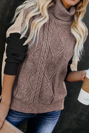 Бежево-коричневый свитер блочной расцветки с высоким воротом и объемным узором