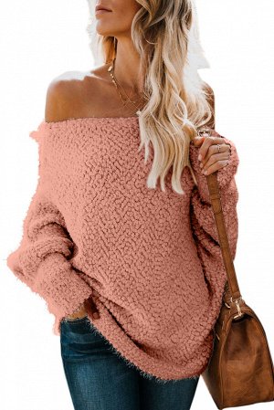 Розовый свитер с открытыми плечами и вязкой "попкорн"