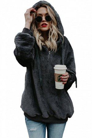 Серый "плюшевый" пуловер с карманами и капюшоном