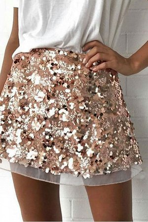 Золотистая мини юбка с пайетками и прозрачной белой оборкой
