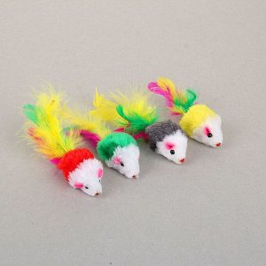 Игрушка для кошек "Малая мышь" с перьями, микс цветов