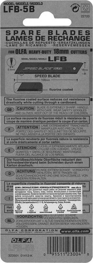 Лезвие Лезвие OLFA, сегментированное, тефлоновое покрытие 18 мм

Лезвия OLFA OL-LFB-5B, используются в качестве сменных рабочих элементов в технических ножах соответствующего типа для разрезания разли