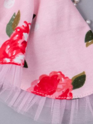 Косынка трикотажная для девочки на резинке с рюшами, красные цветы, светло-розовый 47см - 50см (1,5-3 лет)