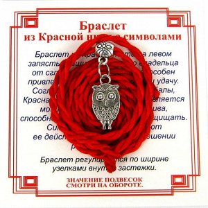 Браслет красный витой на Мудрость (Сова),цвет сереб, металл, текстиль