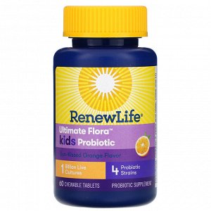 Renew Life, Ultimate Flora Kids Probiotic, Sun-Kissed Orange Flavor, 1 Billion Live Cultures, 60 Chewable Tablets