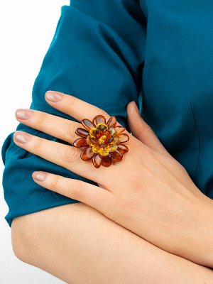 Кольцо из натурального балтийского янтаря вишнёвого и лимонного цветов «Хризантема», 808209024