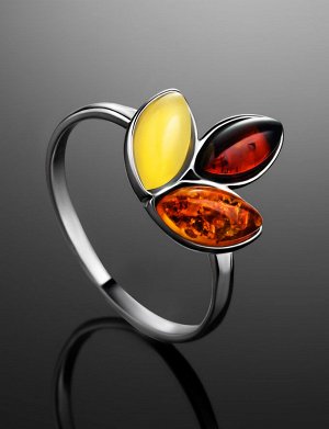 Серебряное кольцо со вставками из натурального балтийского янтаря трёх цветов «Флора»