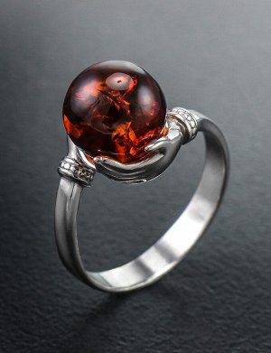 Нежное кольцо из серебра с круглой вставкой из янтаря «Объятия», 606311378