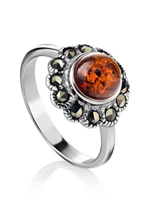 Нежное женственное кольцо из серебра, украшенное янтарём и марказитами «Эйфория»