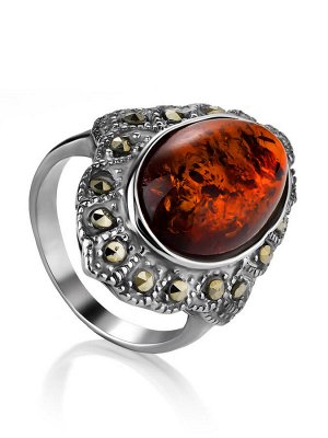 Крупный объёмный перстень «Эйфория» из серебра с марказитами и янтарём, 006302468
