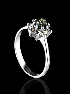 Тонкое лёгкое кольцо с янтарём зелёного цвета и марказитами «Эйфория», 006302475