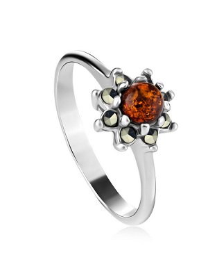 Изящное серебряное кольцо «Эйфория» с миниатюрными янтарными и марказитовыми вставками, 006302473
