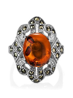 Роскошное кольцо «Эйфория» из серебра с янтарем и марказитами, 006302458