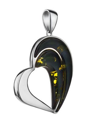 Стильный кулон-сердце из серебра и янтаря зелёного цвета «Санрайз», 001703048