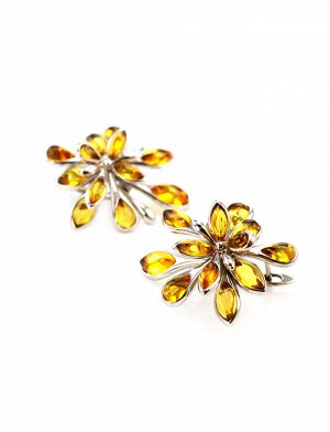 Великолепные серебряные серьги из натурального янтаря лимонного цвета «Георгина», 6065202459