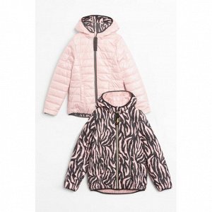 Куртка 100% п/э Легкая непродуваемая и непромокаемая куртка. Куртка двусторонняя. С одной стороны черно-розовый узор, повторяющим окрас тигра, а с другой спокойный нежно-розовый оттенок.