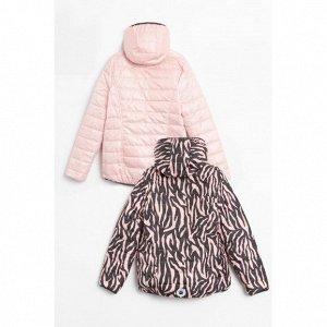 Куртка 100% п/э Легкая непродуваемая и непромокаемая куртка. Куртка двусторонняя. С одной стороны черно-розовый узор, повторяющим окрас тигра, а с другой спокойный нежно-розовый оттенок.