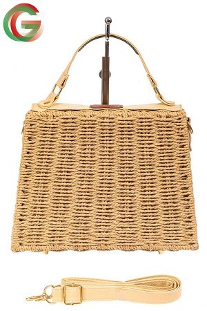 Плетеная сумка-коробочка из ротанга с элементами из экокожи, цвет крафт