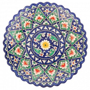 Тарелка Риштанская Керамика "Цветы", синяя, рильефная, 25 см