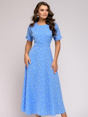 Платье голубое в горошек с короткими рукавами