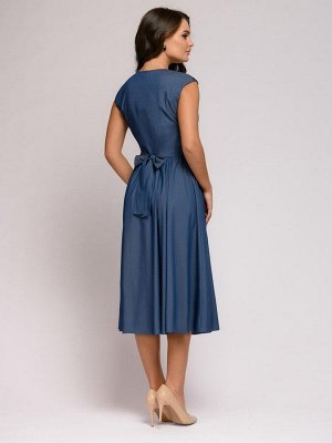 Платье синее длины миди с V-образным вырезом