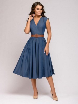 Платье синее длины миди с V-образным вырезом